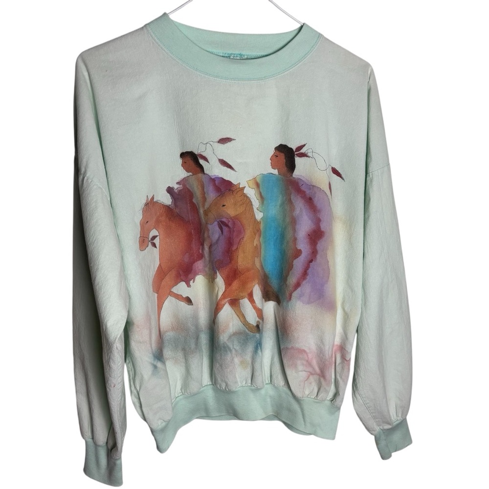Vintage 80s/90s Quitman USA mint Native American and horses painted sweatshirt